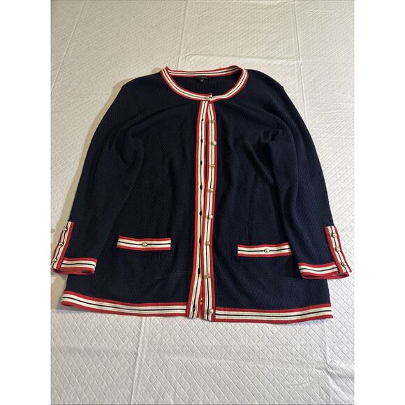 Talbots Textured Tipped Cardigan Size M‎ Navy Blue Red White 3/4 Sleeves Office - Picture 1 of 11